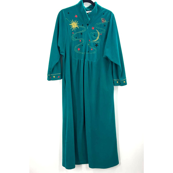 Vintage Vanity Fair Fleece Night Gown Embroidered Space Stars Sun Women Large - Picture 1 of 7